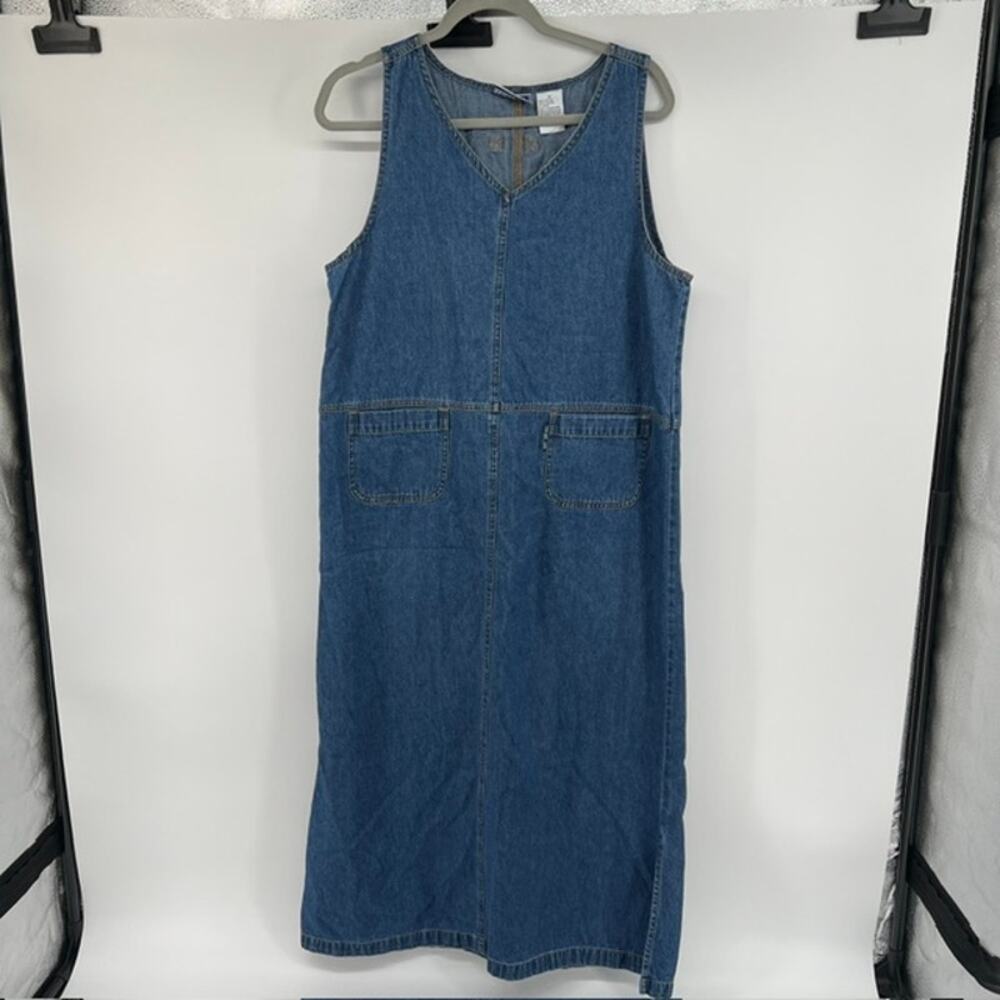 VTG 90s Erika & Co. Denim Jumper Dress Womens M Cottage Teacher Cotton Pockets